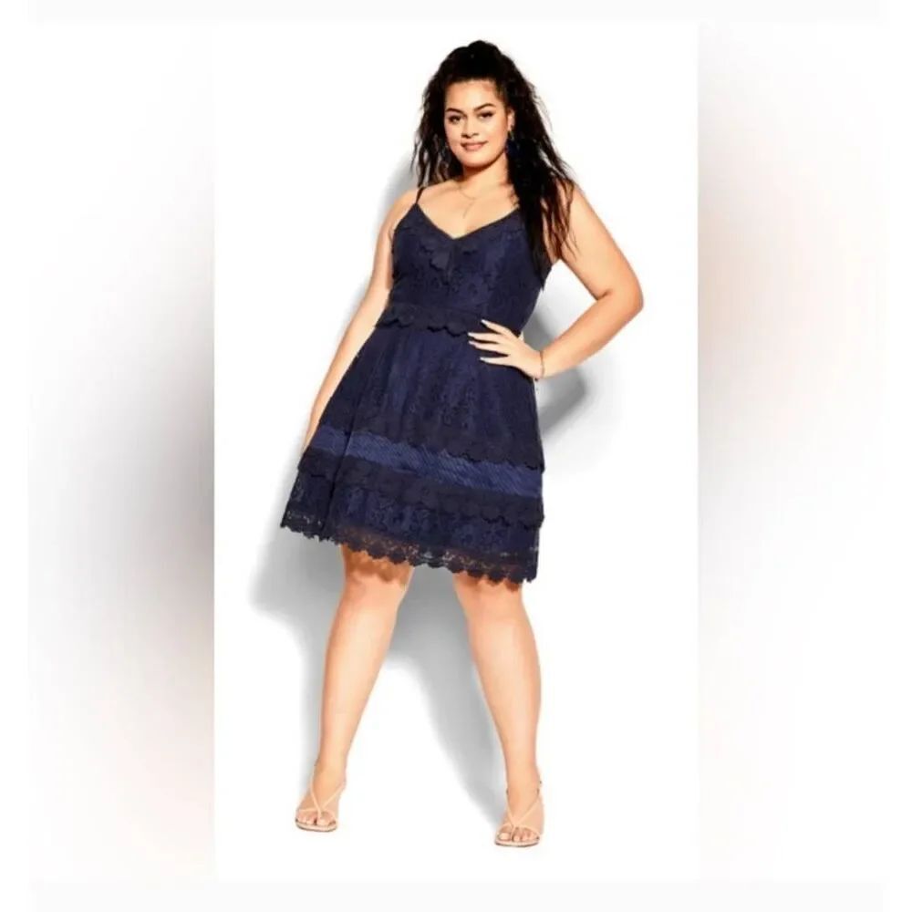 City Chic Dress Nouveau FF Navy Women's Plus Size 16 0XL Crochet Lace BNWT